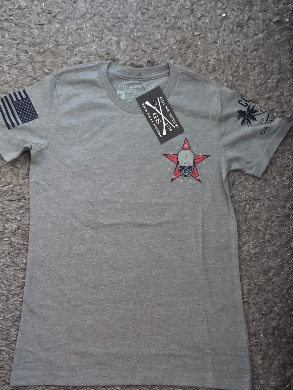 Women's Grunt Style Gray Graphic Skull Star T-Shirt